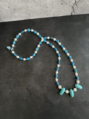 שרשרת ארוכה טורקיז ופנינה