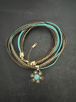 שרשרת חבלים חום זהב טורקיז תליון פרח