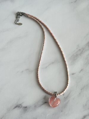 שרשרת חבל ורוד לב רוז קוורץ