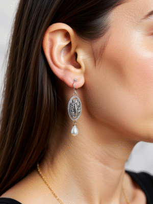 עגילים תלויים אלמנט כסוף ופנינה