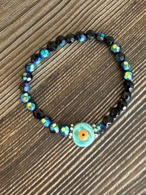 צמיד גמיש קריסטל שחור עין טורקיז